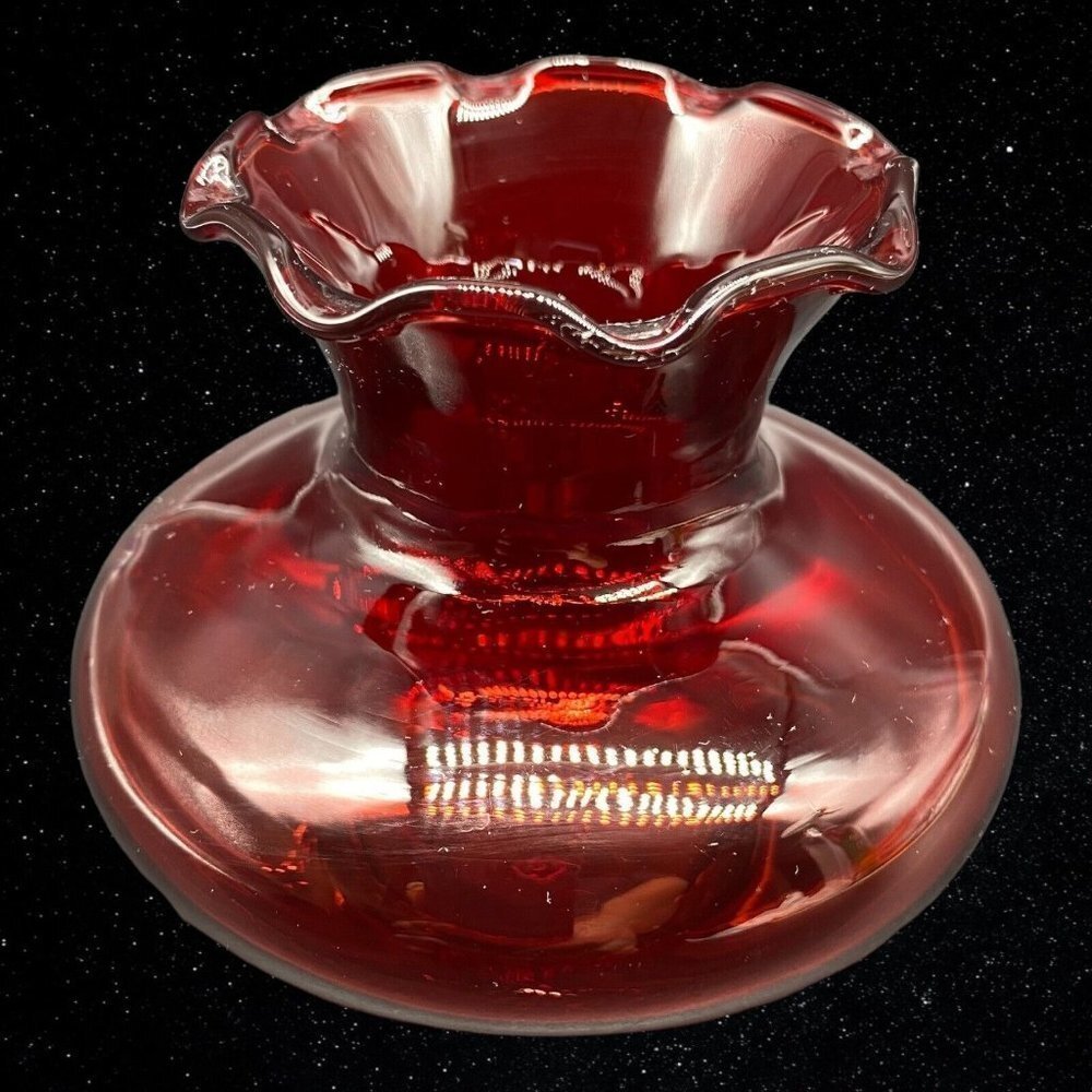 Vintage Art Glass Ruby Red Crimped Small Vase‎ 3.5”T 4”W